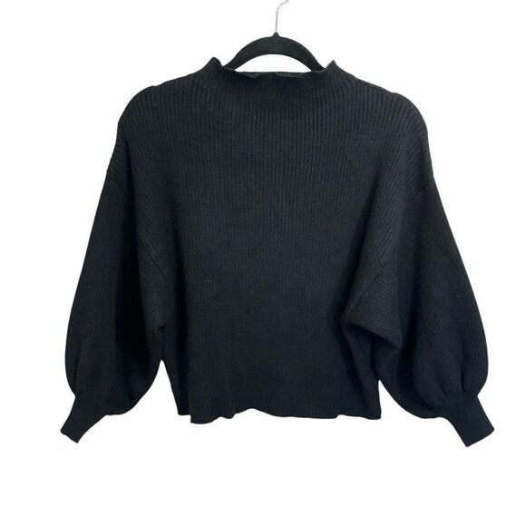 Line & Dot Black Ribbed Knit Balloon Sleeve Funnel Neck Sweater, Small - Picture 1 of 8